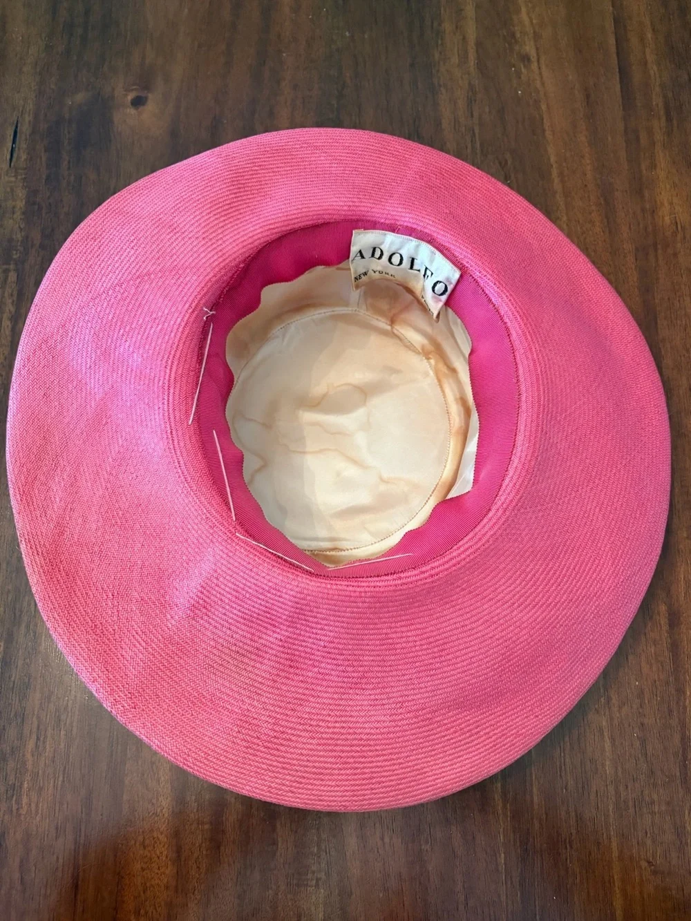Vintage Adolfo New York Straw Hat Wide Brim Pink Floral Boater Derby